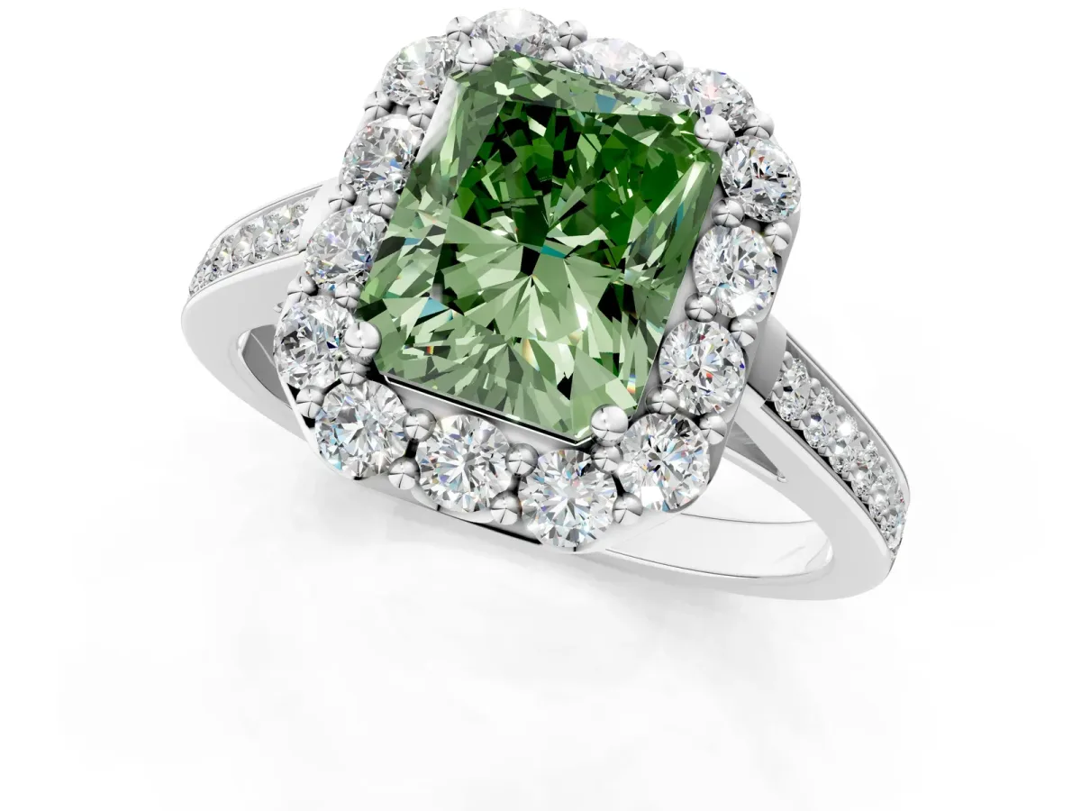 Fancy Green Radiant Cut Diamond Floral Halo Ring with Pavé Band and Prong Setting Platinum
