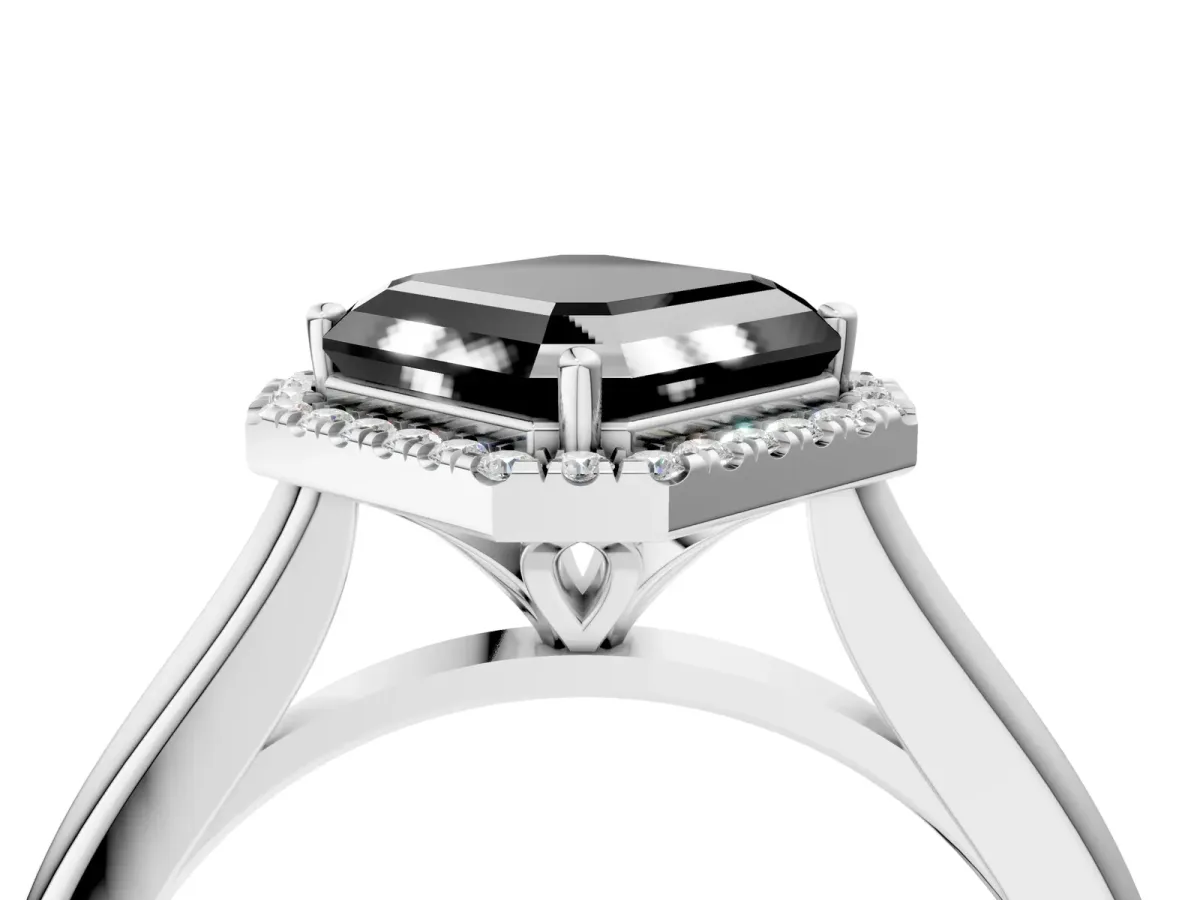 Fancy Black Asscher Cut Halo Round Diamond Solitaire Engagement Ring with Pave Band and Four-Prong Setting Platinum