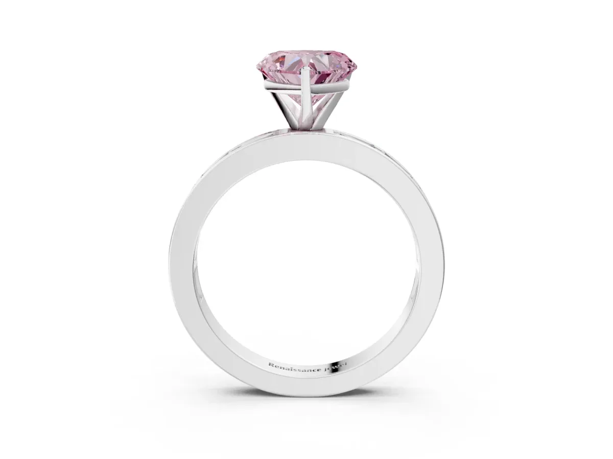 Fancy Pink Heart Cut Solitaire Diamond Ring with Channel-Set Baguette Band and Four-Prong Setting White gold