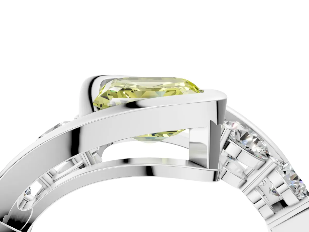 Fancy Yellow Bezel Set Asscher Cut Diamond Bypass Ring with Round Accents Silver
