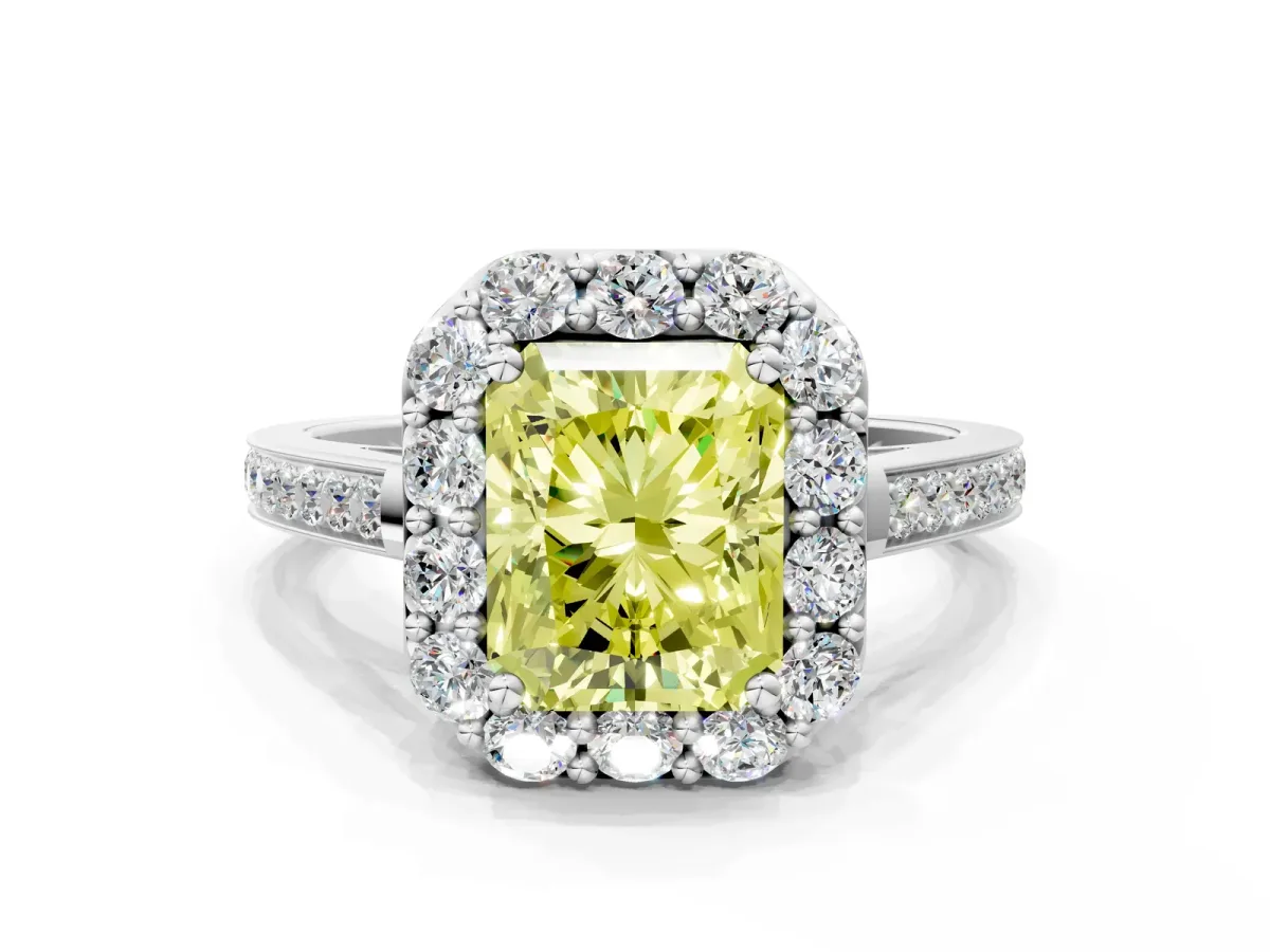 Fancy Yellow Radiant Cut Diamond Floral Halo Ring with Pavé Band and Prong Setting Platinum