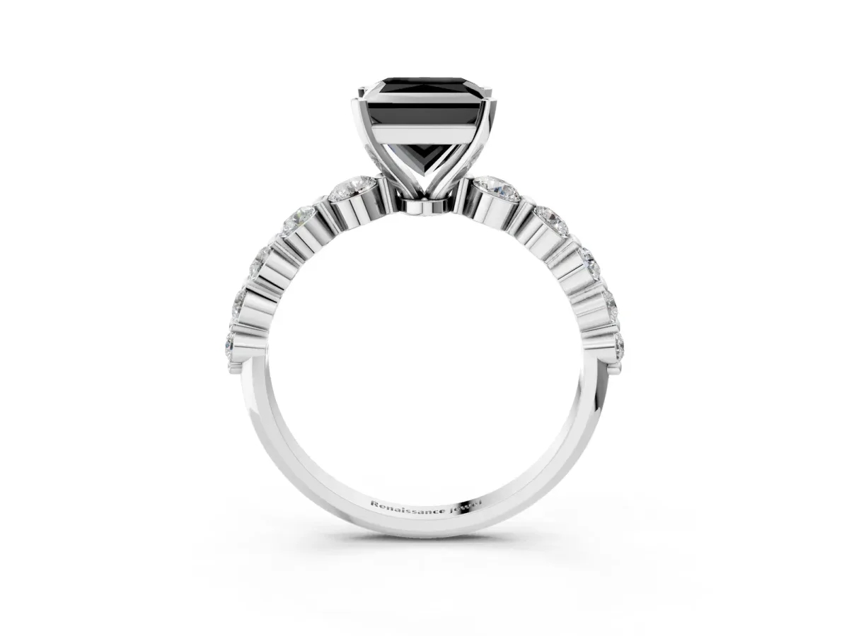 Fancy Black Princess Cut Solitaire Diamond Ring with Pave Band and Four-Prong Setting Silver
