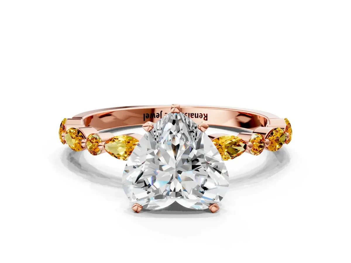 Heart Cut Diamond Ring with Marquise and Round Citrine Side Stones and Four-Prong Setting Rose gold