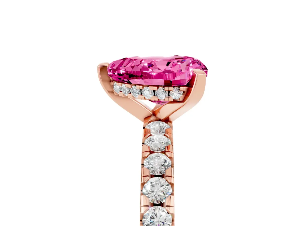 Heart Cut Pink Sapphire Solitaire Ring with Round Pavé Band and Four-Prong Setting Rose gold