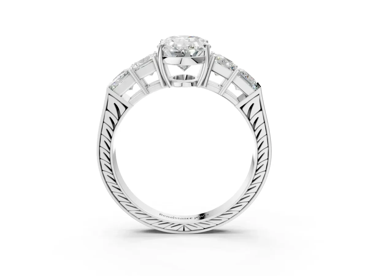 Oval Cut Solitaire Princess Side Stone Engraved Band Prong Setting Ring White gold