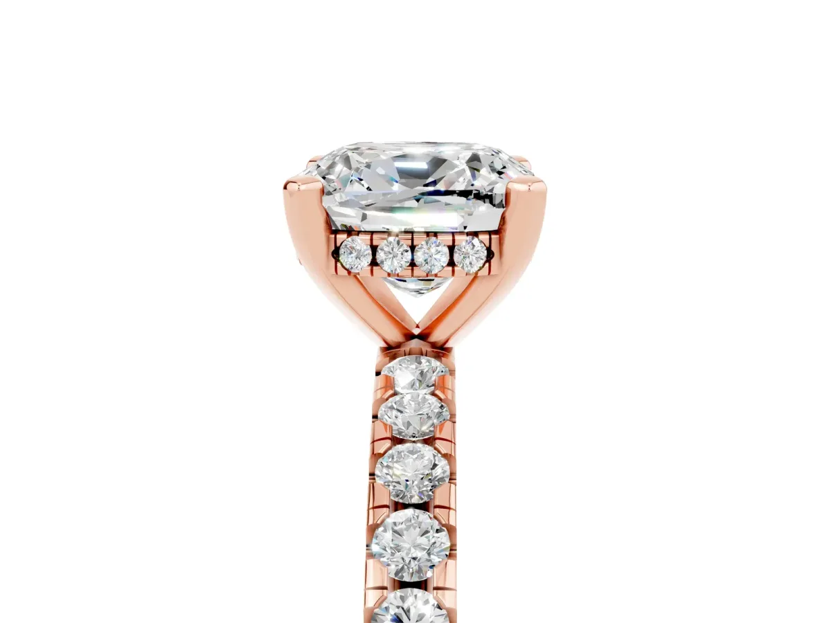 Cushion Cut Moissanite Solitaire Ring with Round Pavé Band and Four-Prong Setting Rose gold