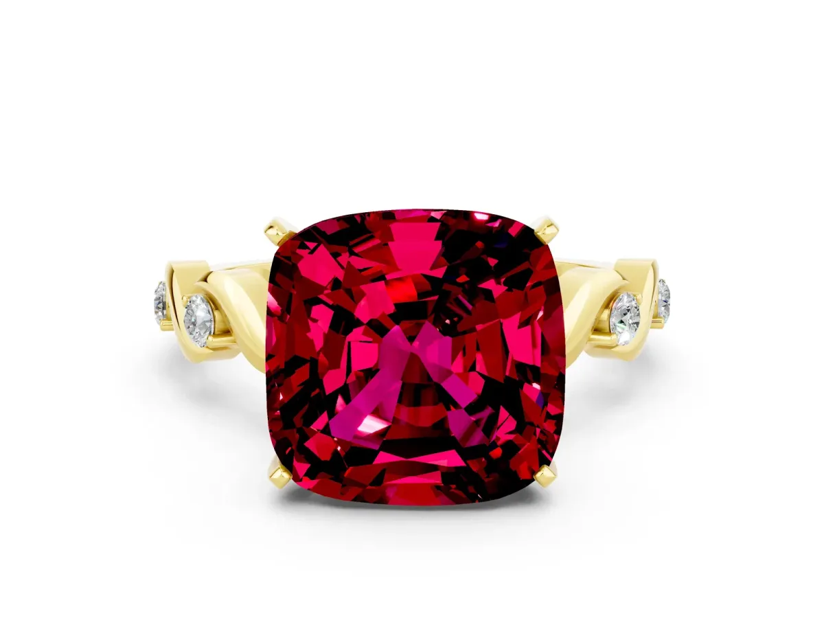Cushion Cut Garnet Solitaire Twisted Band with Round Accents and Prong Setting Yellow gold
