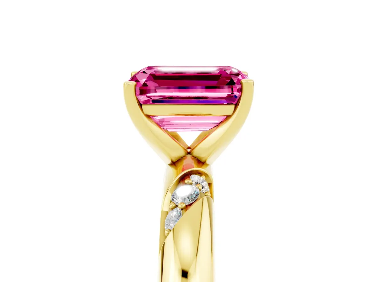 Emerald Cut Pink Sapphire Solitaire Engagement Ring with Twisted Round Accent Band and Prong Setting Yellow gold