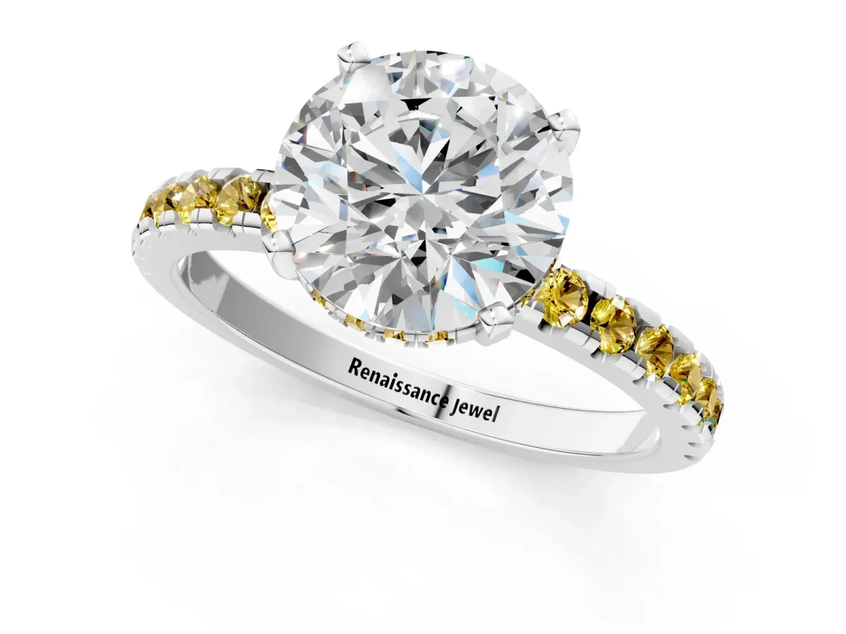 Round Cut Diamond Solitaire Ring with Round Yellow Sapphire Pavé Band and Four-Prong Setting White gold