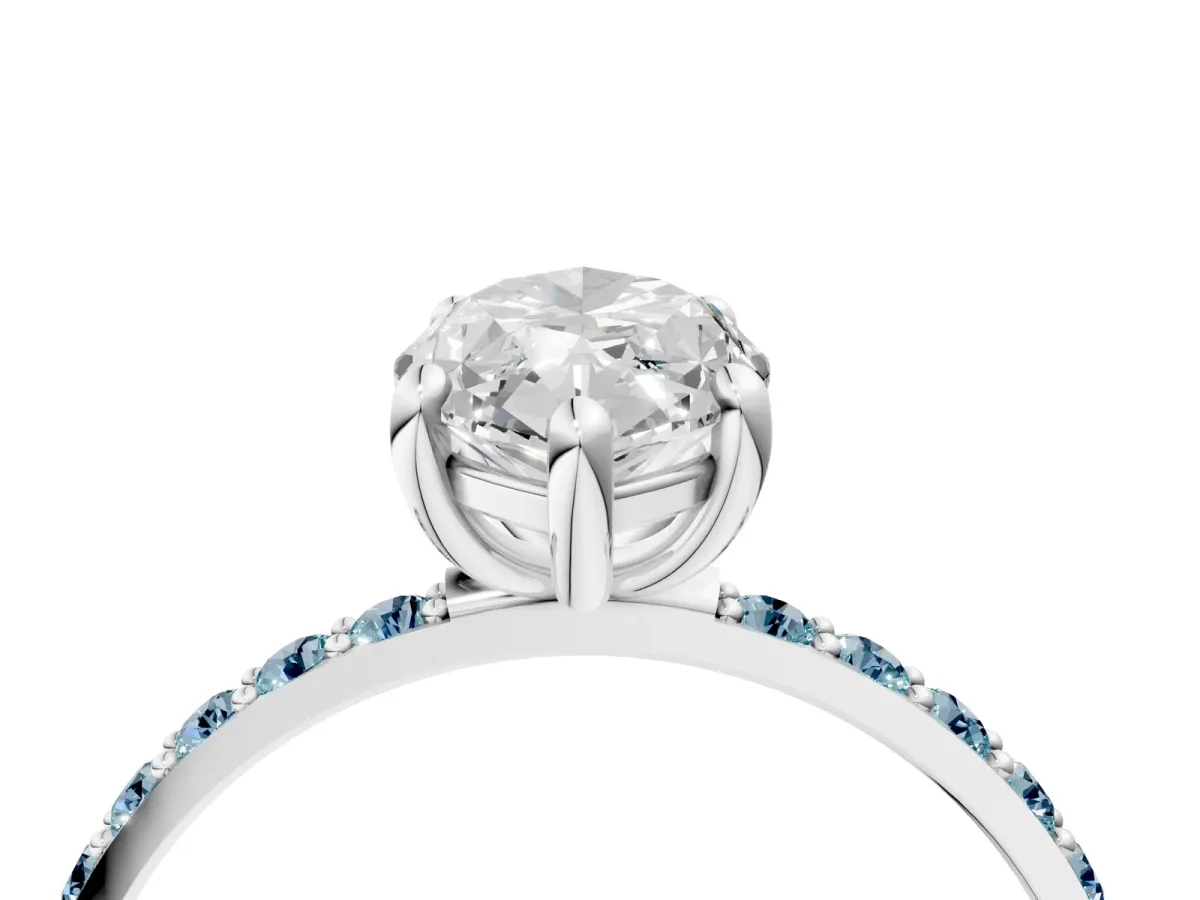Marquise Cut Diamond Solitaire Ring with Round Aquamarine Pavé Band and Prong Setting White gold