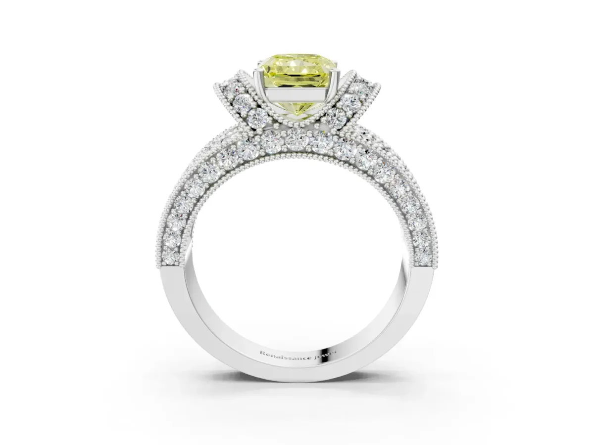 Fancy Yellow Radiant Cut Halo Pave Diamond Engagement Ring with Milgrain Detailing Platinum