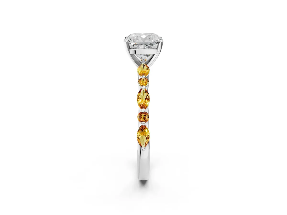 Cushion Cut Diamond Ring with Marquise and Round Citrine Side Stones and Four-Prong Setting White gold