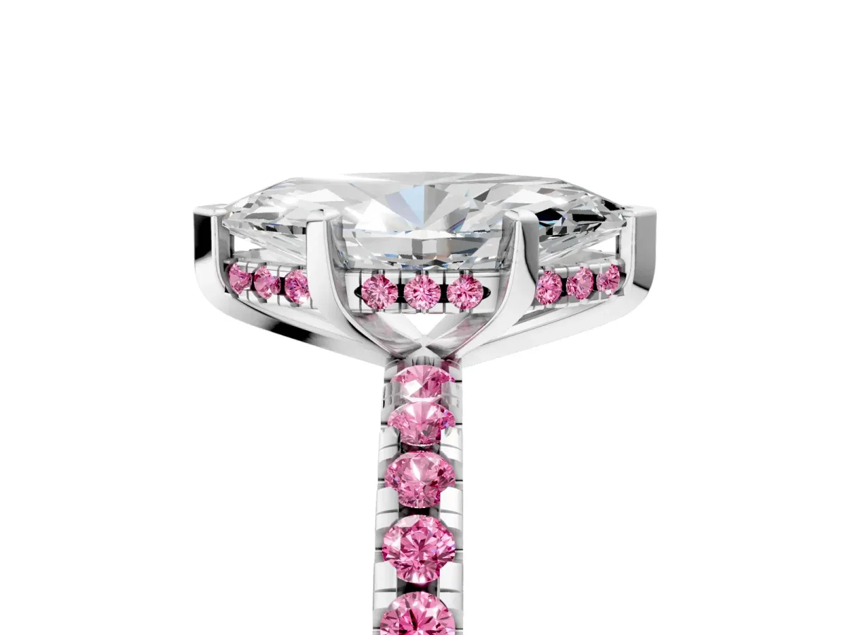 Marquise Cut Diamond Solitaire Ring with Round Pink Sapphire Pavé Band and Four-Prong Setting Platinum