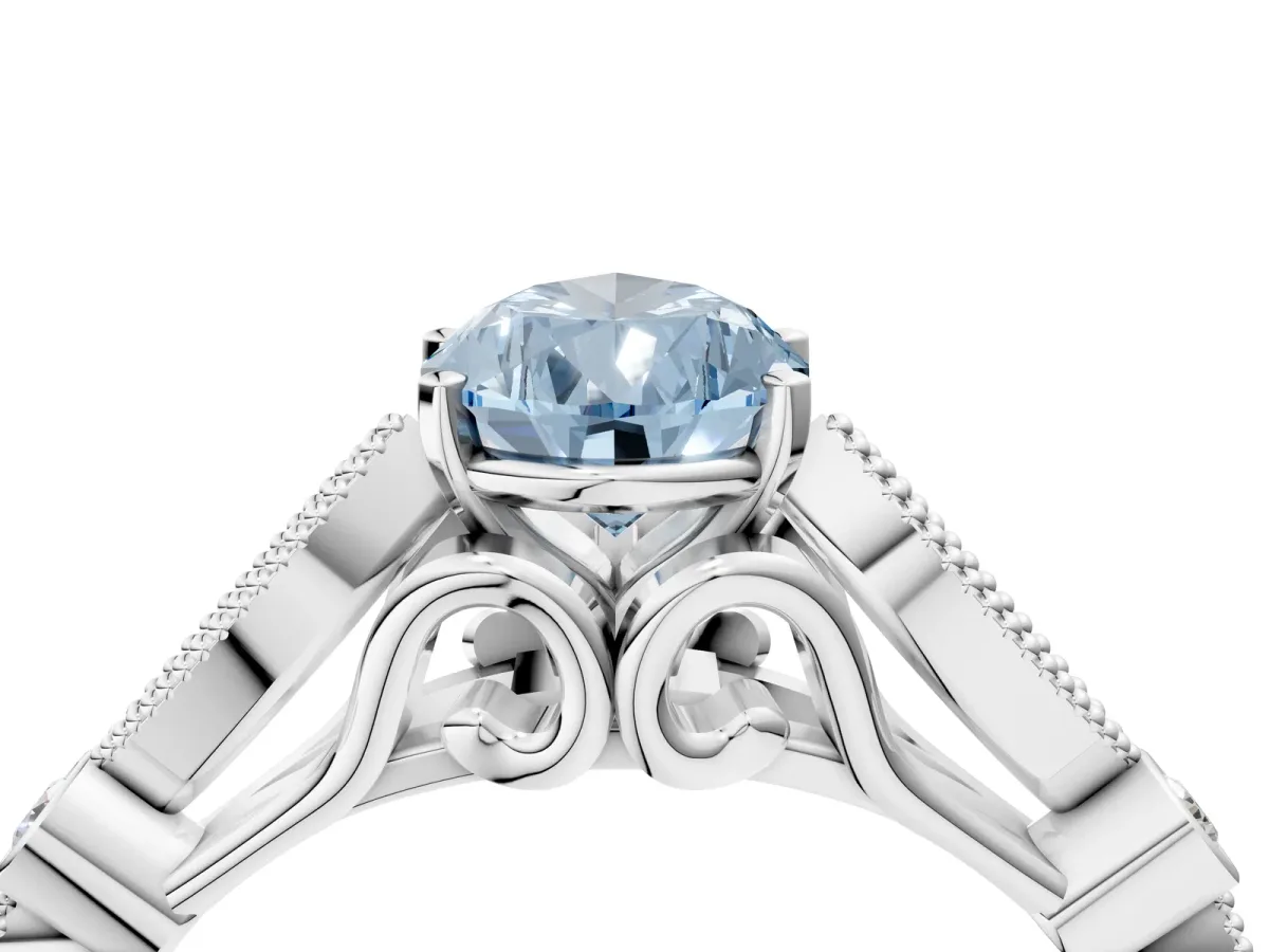 Fancy Blue Pear Cut Cut Diamond with Milgrain Marquise and Bezel Accents on a Solitaire Band with Prong Setting Silver