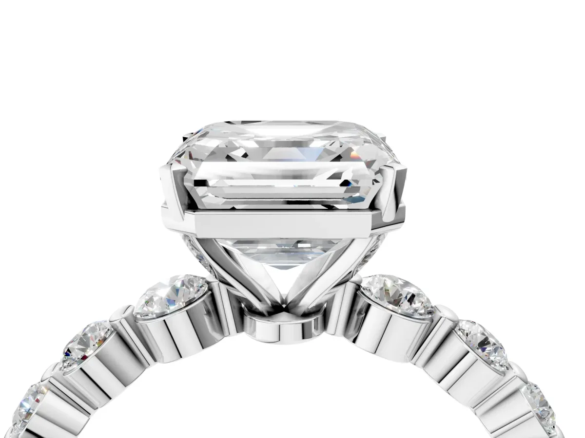 Asscher Cut Solitaire Diamond Ring with Pave Band and Four-Prong Setting Silver