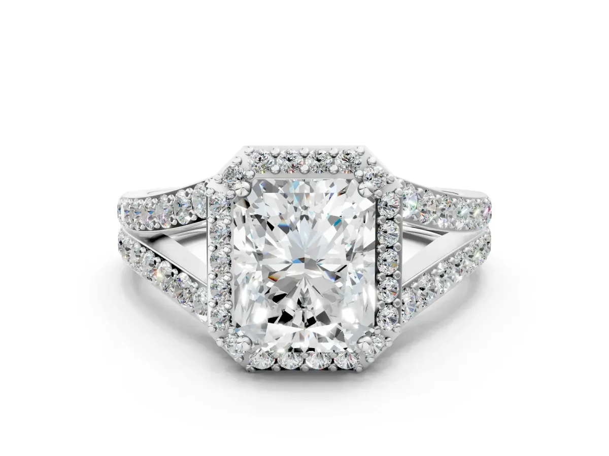 Radiant Cut Diamond Split Shank Halo Ring with Four-Prong Setting Platinum
