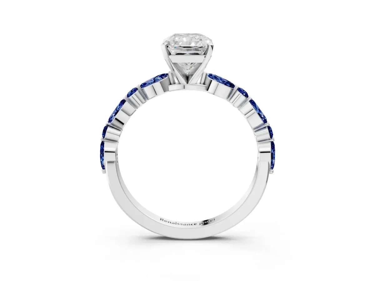 Radiant Cut Diamond Ring with Marquise and Round Blue Sapphire Side Stones and Four-Prong Setting Platinum