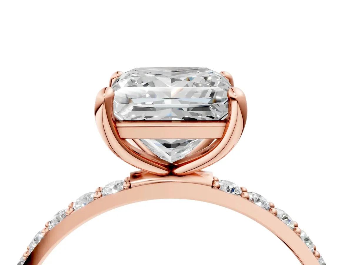 Princess Cut Diamond Solitaire Ring with Round Moissanite Pavé Band and Prong Setting Rose gold