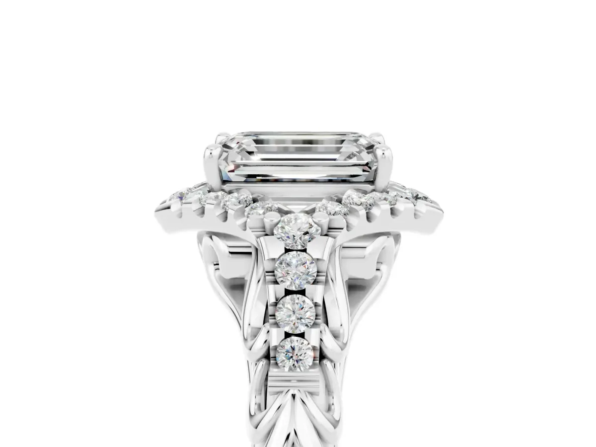 Emerald Cut Moissanite Solitaire Ring with Hidden Halo and Pavé Band White gold