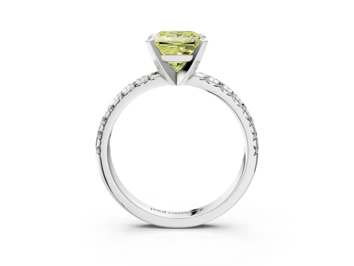 Fancy Yellow Princess Cut Diamond Solitaire Pavé Engagement Ring with Round Band and Prong Setting White gold