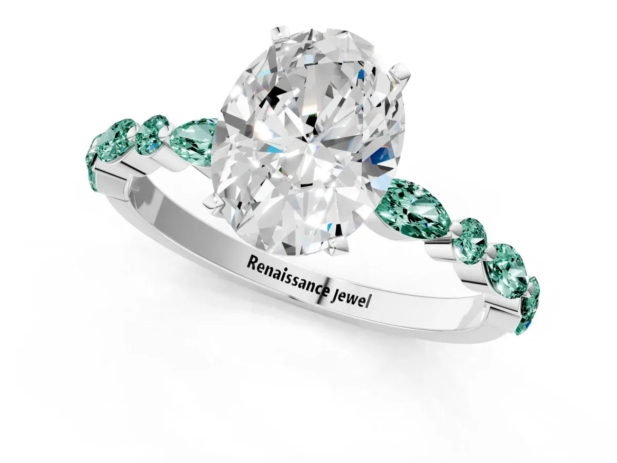 Oval Cut Diamond Ring with Marquise and Round Green Sapphire Side Stones and Four-Prong Setting White gold