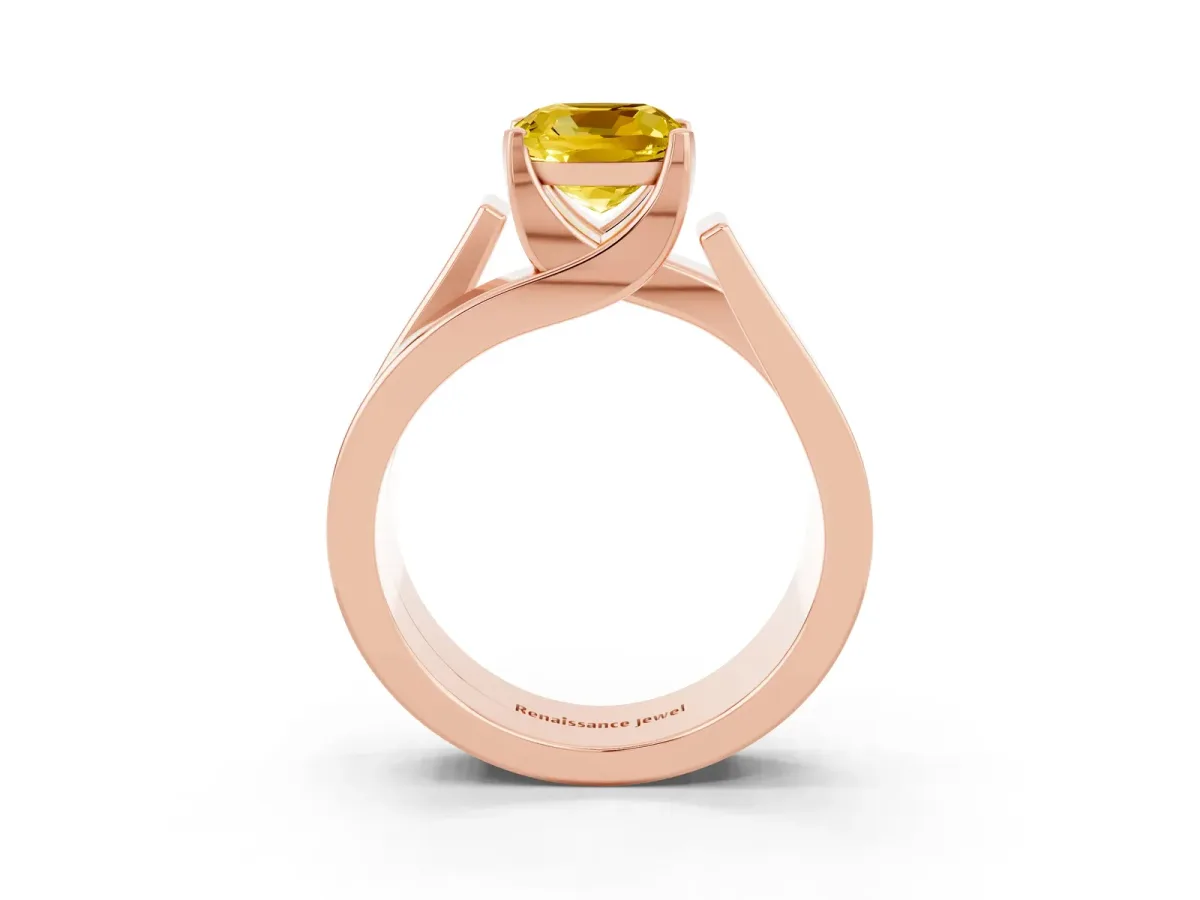 Modern Tension Set Cushion Cut Yellow Sapphire Solitaire Wide Band Ring Rose gold