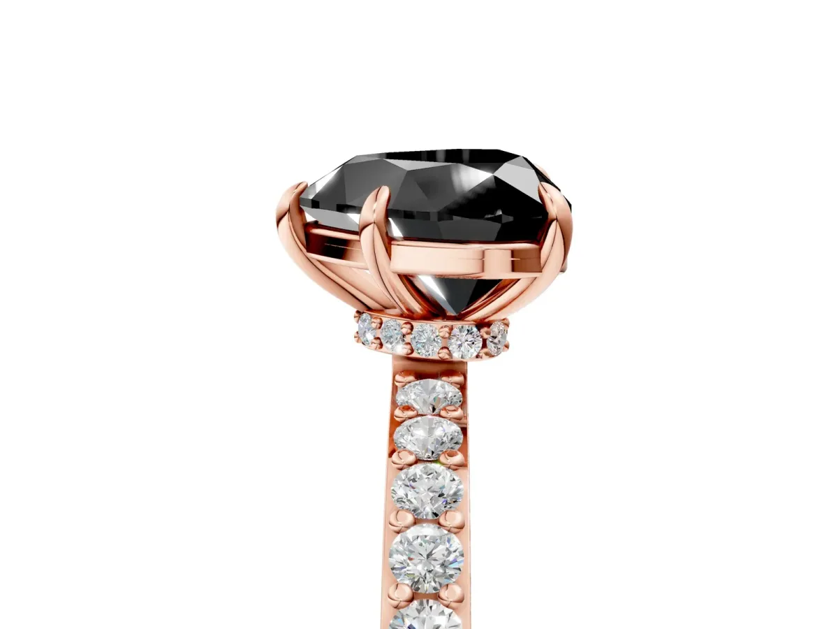 Fancy Black Heart Cut Diamond Solitaire Engagement Ring with Pavé Band and Four-Prong Setting Rose gold