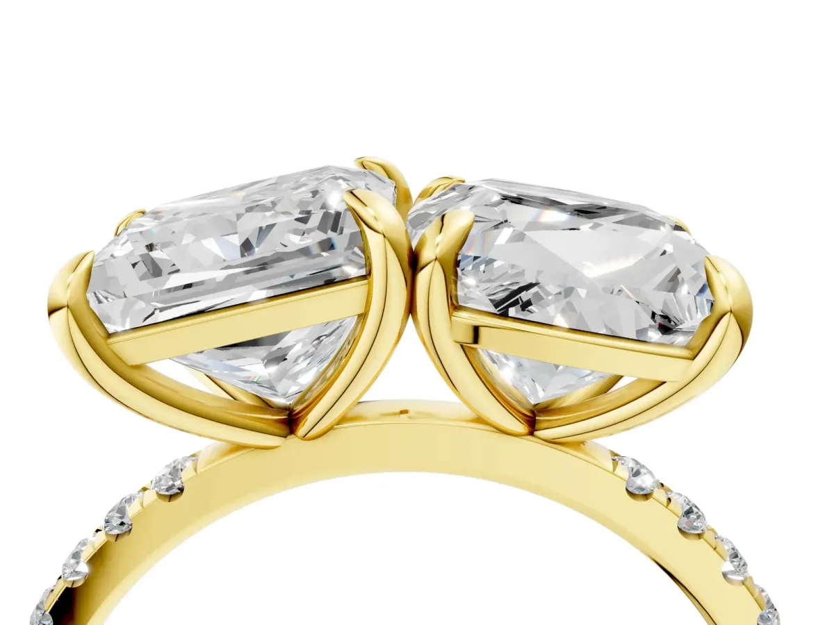 Cushion and Princess Toi Moi Ring with Prong Setting and Pave Band Yellow gold