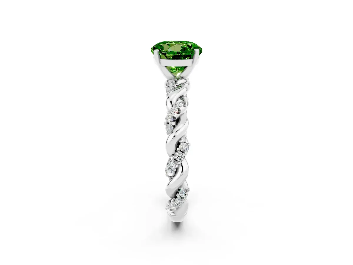 Round Cut Peridot Solitaire Ring with Twisted Band and Pavé Accents Silver