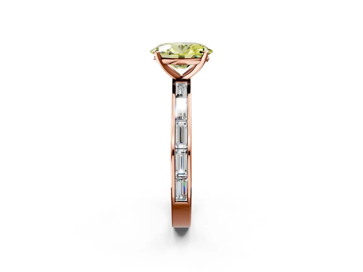 Fancy Yellow Oval Cut Solitaire Diamond Ring with Channel-Set Baguette Band and Four-Prong Setting Rose gold