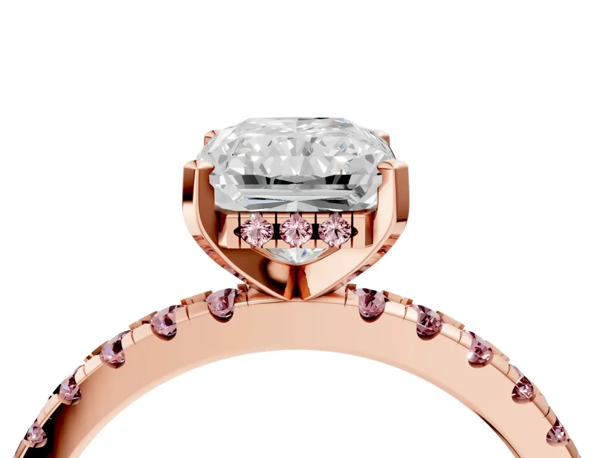 Radiant Cut Diamond Solitaire Ring with Round Morganite Pavé Band and Four-Prong Setting Rose gold