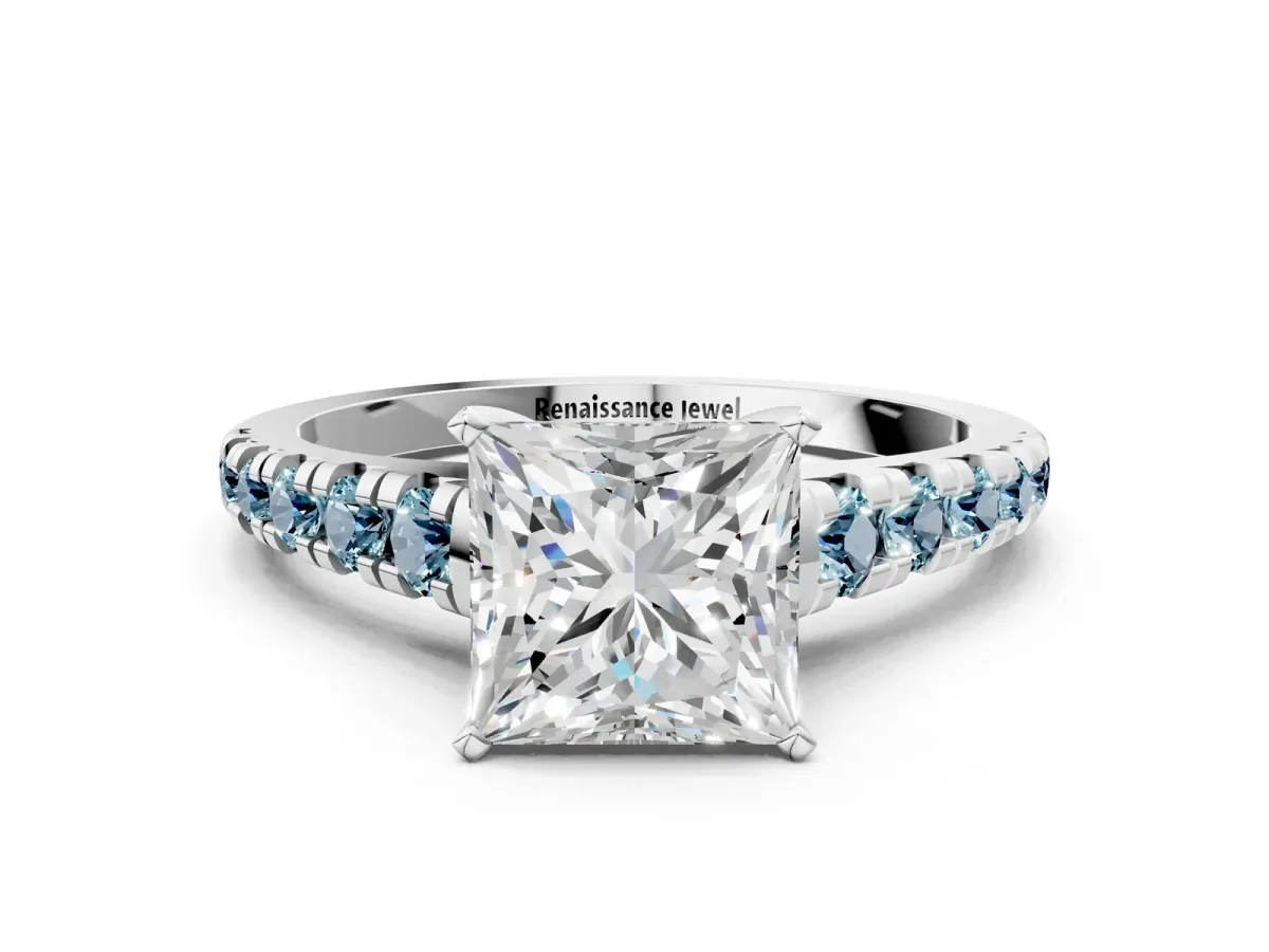 Princess Cut Diamond Cathedral Solitaire Ring with Round Aquamarine Pavé Band White gold