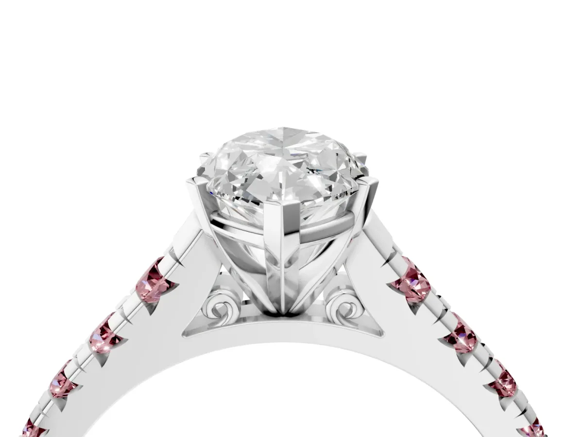 Marquise Cut Diamond Cathedral Solitaire Ring with Round Morganite Pavé Band Silver