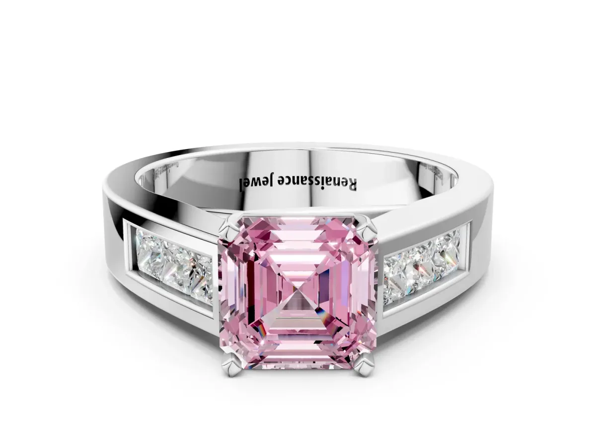 Fancy Pink Asscher Cut Cut Channel Set Solitaire Ring with Four-Prong Setting White gold