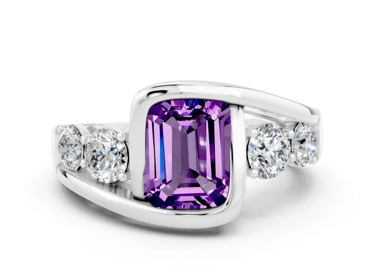 Bezel Set Emerald Cut Amethyst Bypass Ring with Round Accents Platinum
