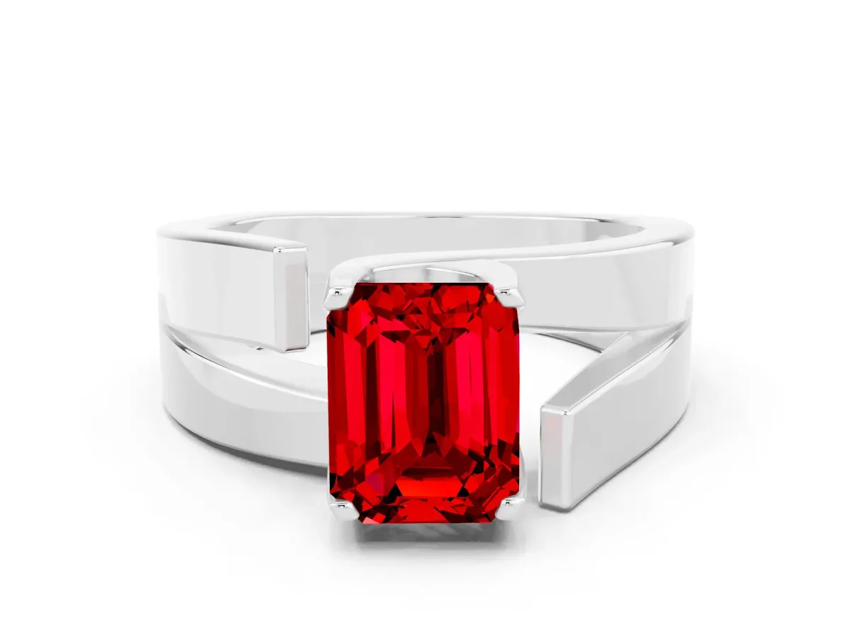 Modern Tension Set Emerald Cut Ruby Solitaire Wide Band Ring Silver