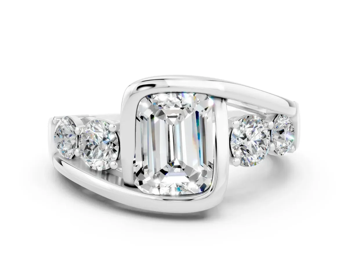 Bezel Set Emerald Cut Moissanite Bypass Ring with Round Accents Platinum