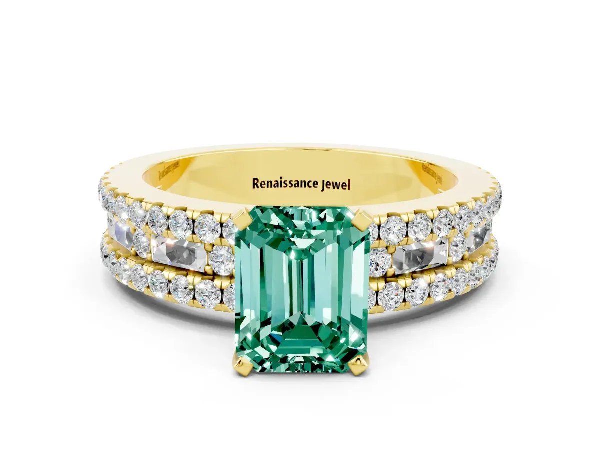 Emerald Cut Green Sapphire Solitaire Ring with Pavé and Channel Set Band Yellow gold