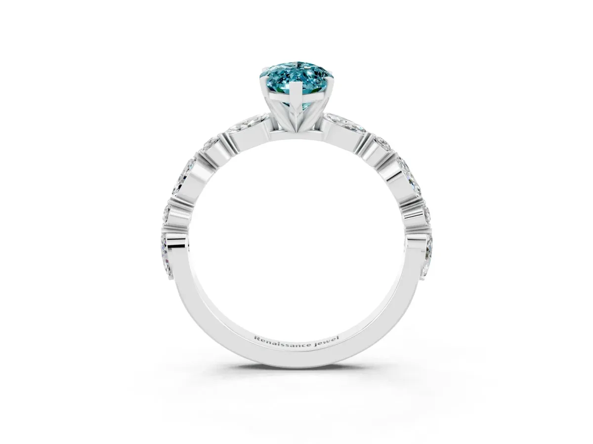 Marquise Cut Blue Topaz Ring with Marquise and Round Side Stones and Four-Prong Setting White gold