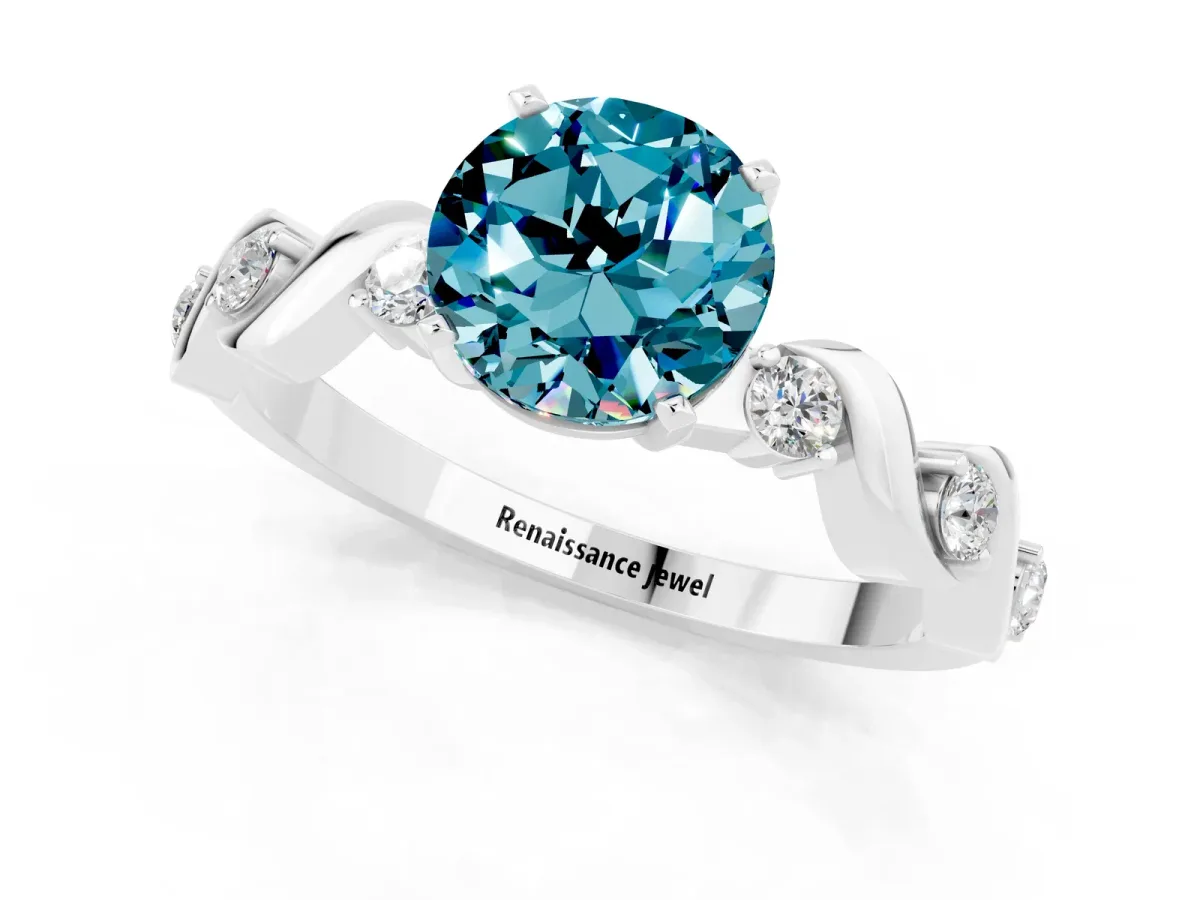 Round Cut Blue Topaz Solitaire Twisted Band with Round Accents and Prong Setting White gold
