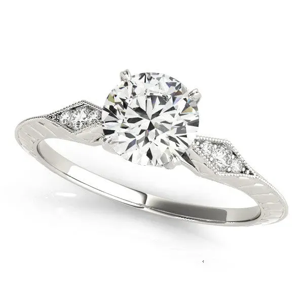 Round Cut Solitaire Diamond Ring with Milgrain Band and Four-Prong Setting Silver