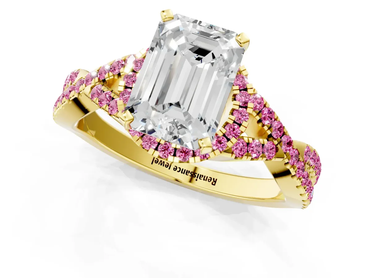 Emerald Cut Diamond Pink Sapphire Halo Twist Band Solitaire Prong Setting Ring Yellow gold