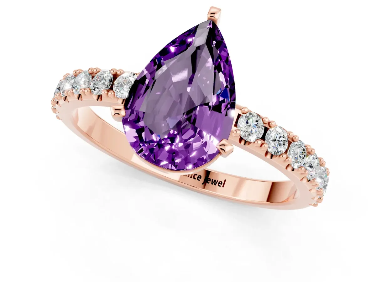 Pear Cut Amethyst Solitaire Pavé Band with Four-Prong Setting Rose gold