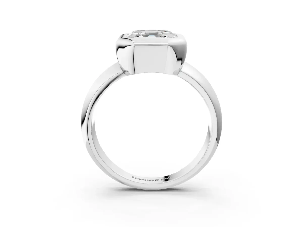 Bezel Set Asscher Cut Solitaire Ring with Wide Band Platinum