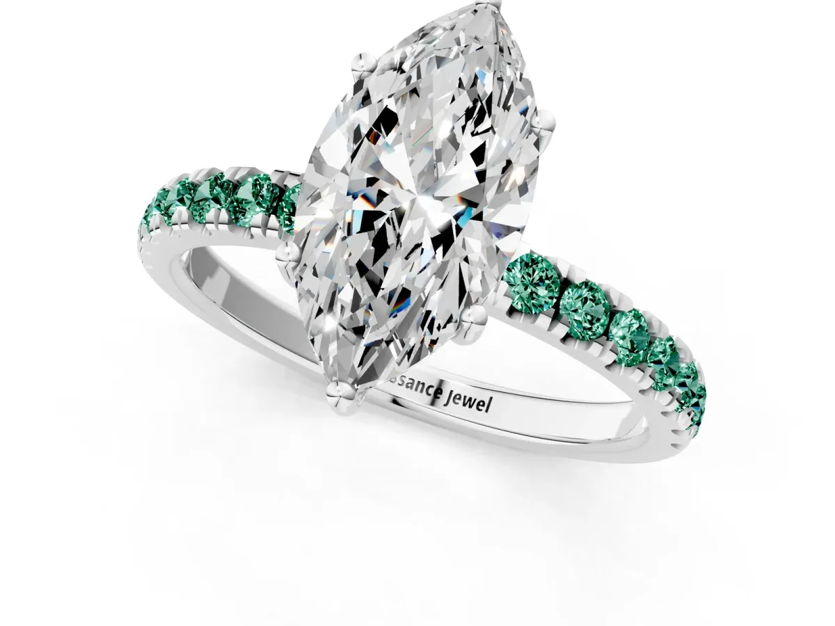 Marquise Cut Diamond Pave Band Solitaire Ring with Round Green Sapphire and Prong Setting White gold