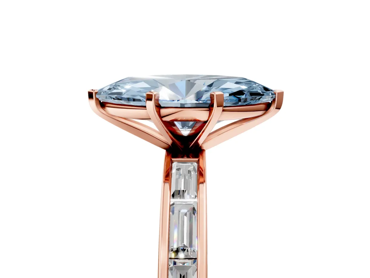 Fancy Blue Marquise Cut Solitaire Diamond Ring with Channel-Set Baguette Band and Four-Prong Setting Rose gold