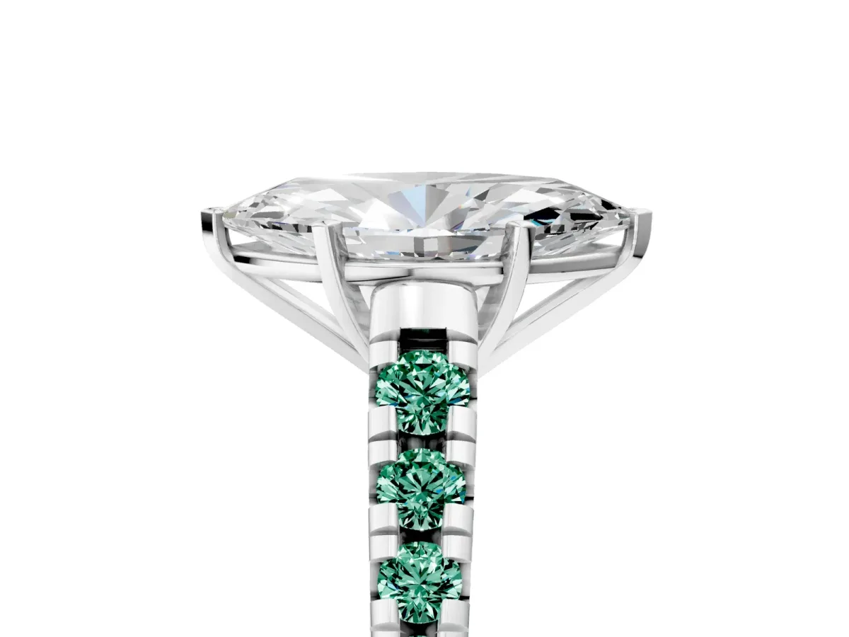 Marquise Cut Diamond Cathedral Solitaire Ring with Round Green Sapphire Pavé Band White gold