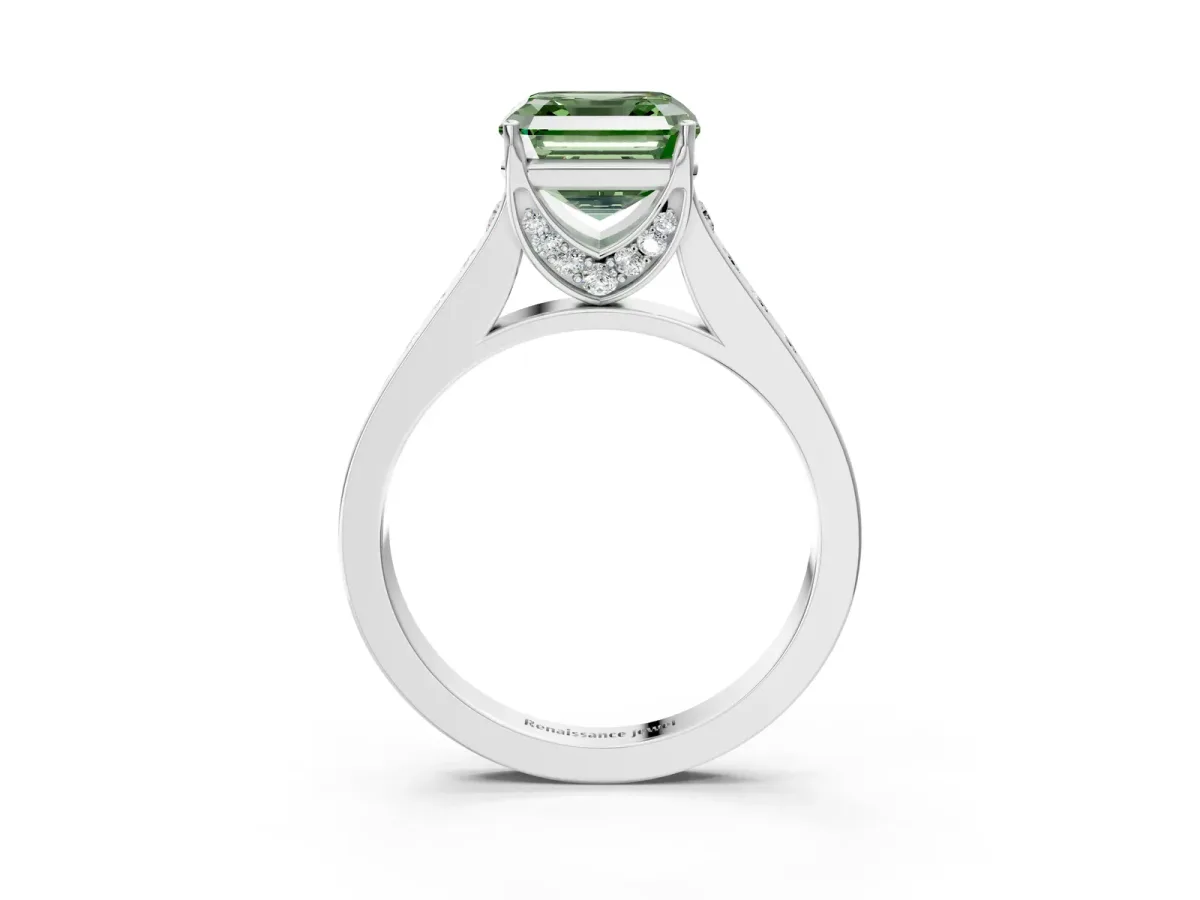 Fancy Green Asscher Cut Brilliant Cut Diamond Engagement Ring with Pavé Band and Four-Prong Setting Platinum
