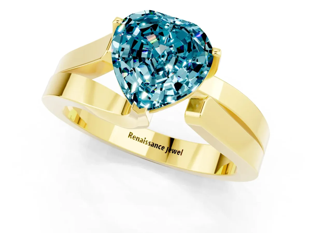 Modern Tension Set Heart Cut Blue Topaz Solitaire Wide Band Ring Yellow gold