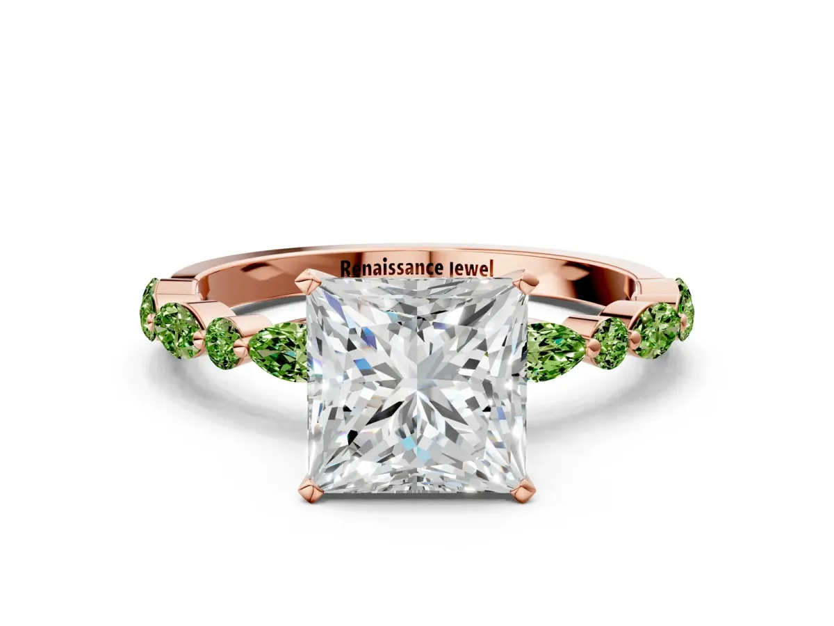 Princess Cut Diamond Ring with Marquise and Round Peridot Side Stones and Four-Prong Setting Rose gold